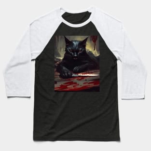 Murderous Black Cat With Knife Halloween Baseball T-Shirt